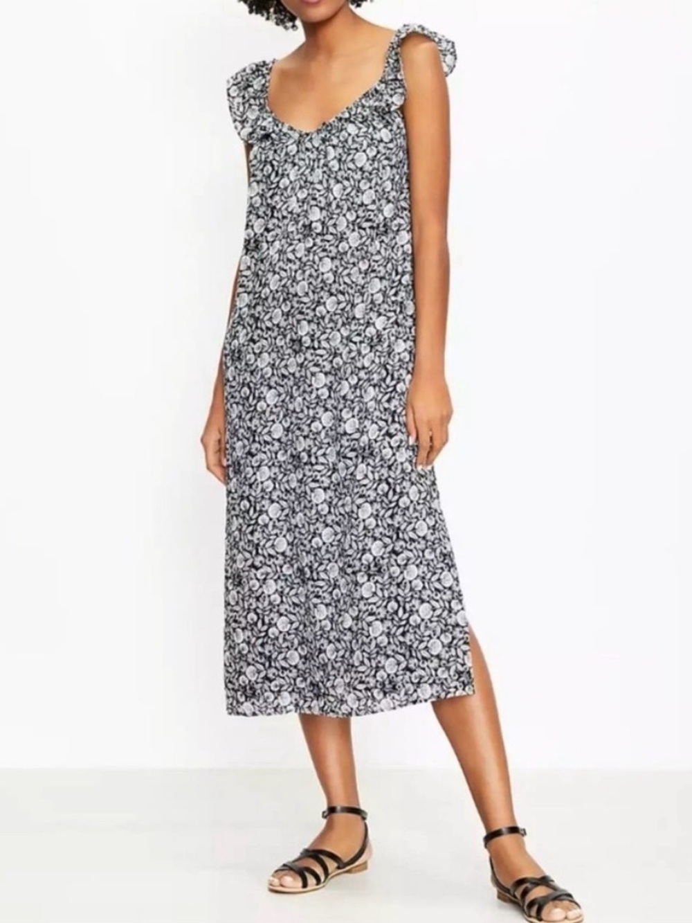 LOFT Black & White Palm Floral Flutter Strap Midi Dress Large TALL Boho Resort